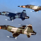 A trio of three US Air Force aggressor Northrop F-5E aircraft over England in 1983. These aircraft are painted to resemble Soviet fighters. (US Air Force)